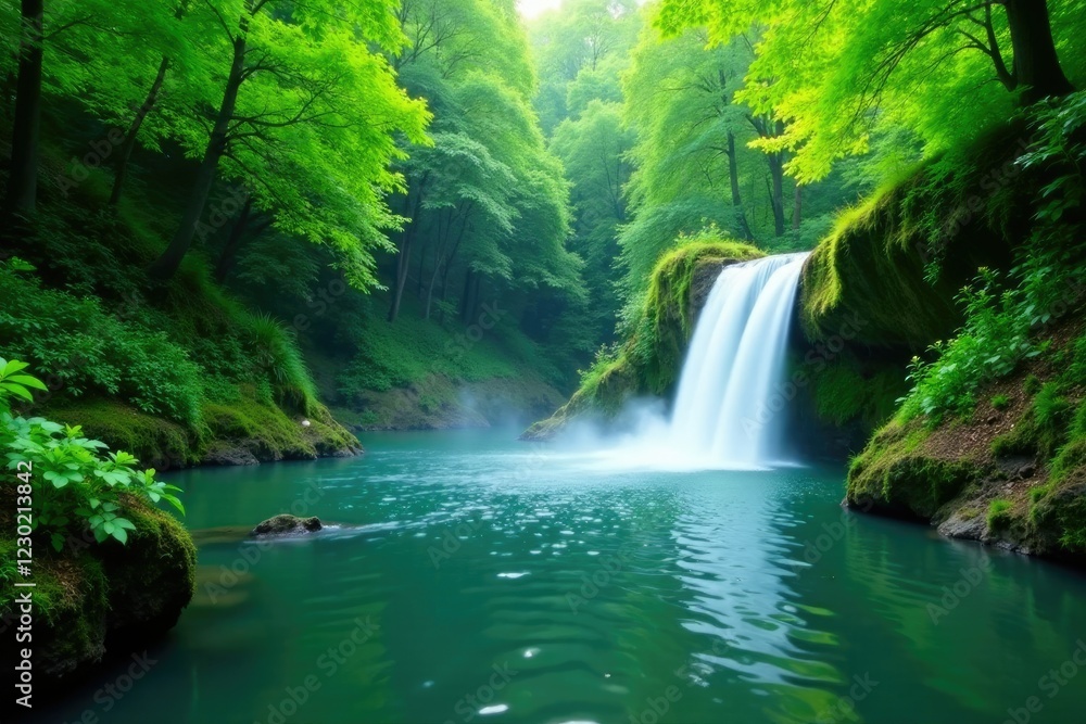 River with lush greenery and a waterfall backdrop, waterfall, lush, natural River with lush greenery and a waterfall backdrop, waterfall, lush, natural