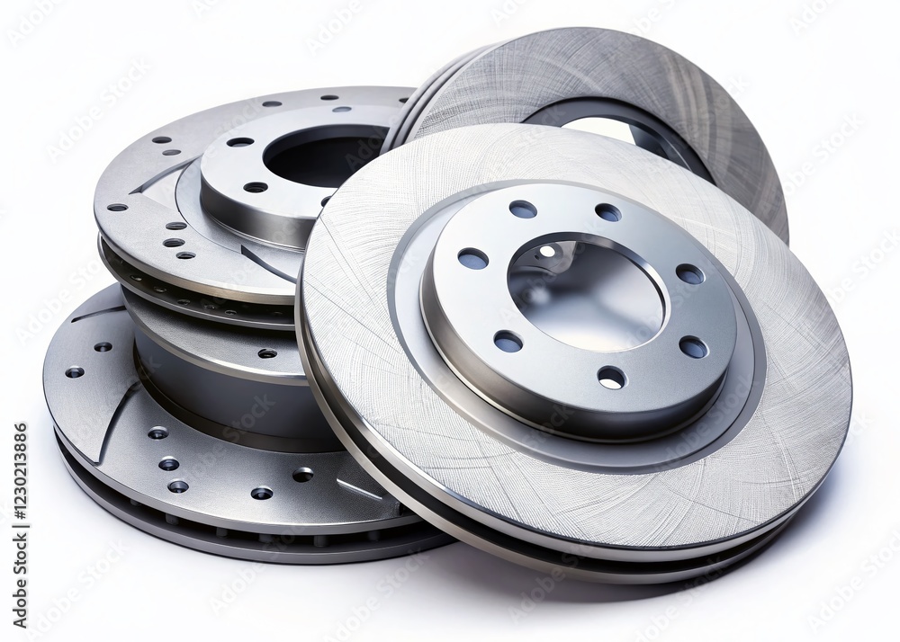 High-Performance Brake Discs & Pads: Aerial View, Isolated on White for Auto Parts Catalogs High-Performance Brake Discs & Pads: Aerial View, Isolated on White for Auto Parts Catalogs