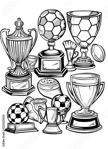 Black and White Line Art Trophy Collection in Graphic Style photo