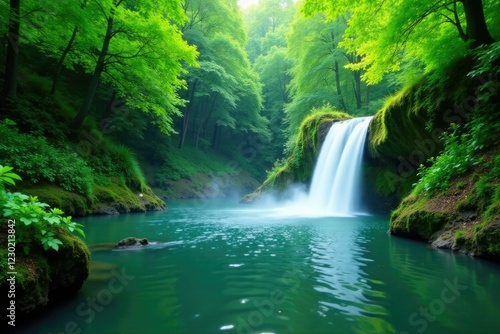 River with lush greenery and a waterfall backdrop, waterfall, lush, natural