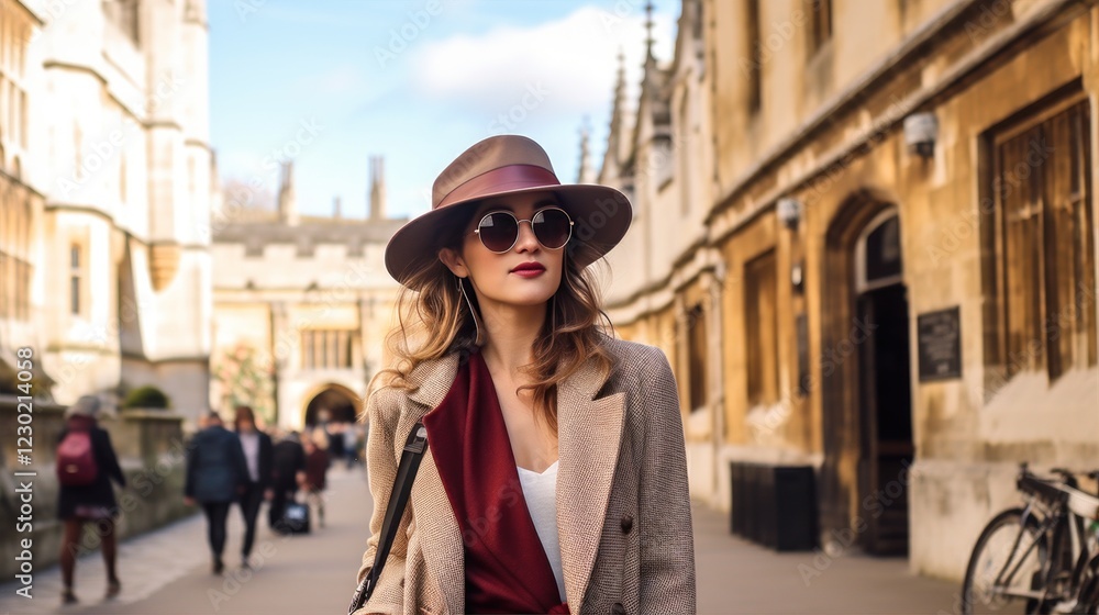 Obraz premium A young woman strolls through a lively city street with stunning historic architecture