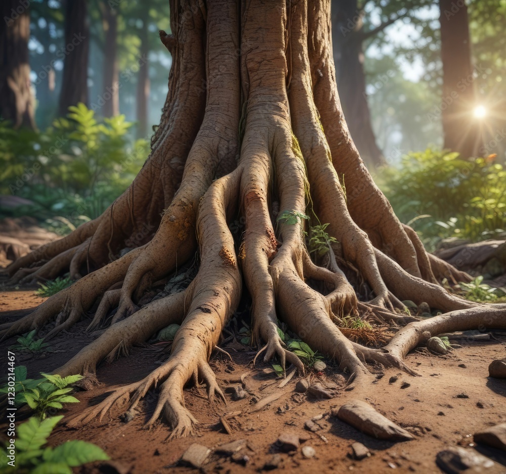 Small roots growing out from the base of a massive tree trunk, tiny roots, growth Small roots growing out from the base of a massive tree trunk, tiny roots, growth