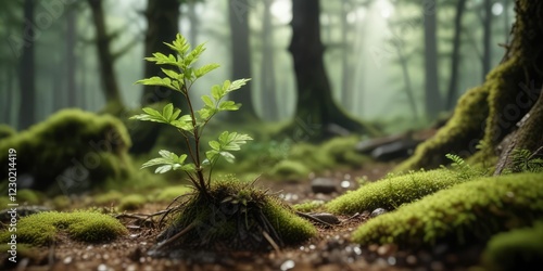 Small plant growing from the damp moss in a shaded woodland, mossy shaded woodland small plants, botanical art, greenery in shade