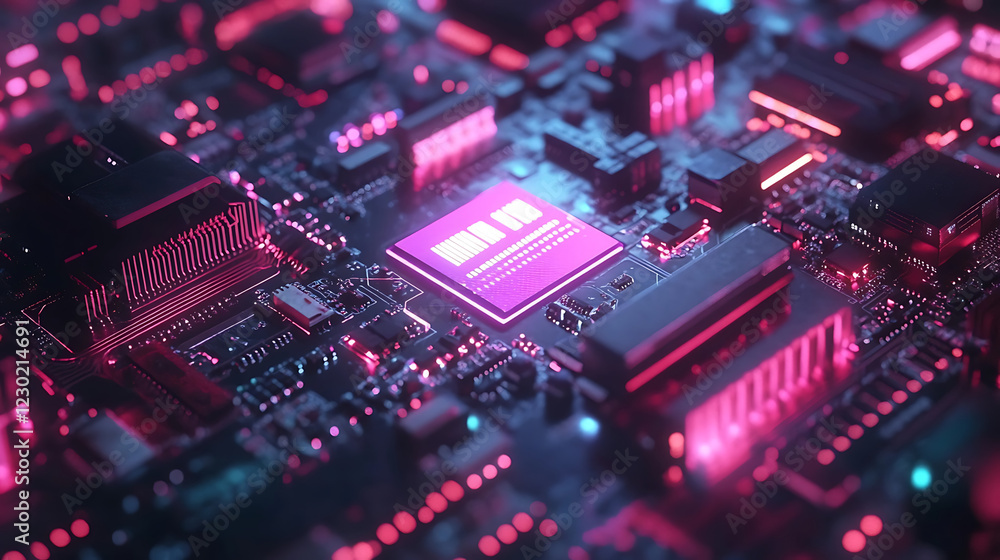 Abstract digital circuit board with neon lights and glowing elements
Abstract digital circuit board with neon lights and glowing elements