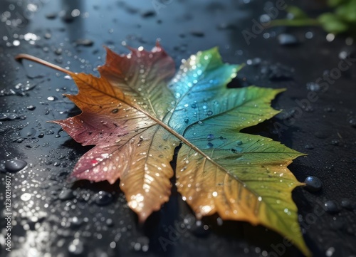 Iridescent colors reflect off the wet surface of a leaf, natural beauty, leaf reflections photo