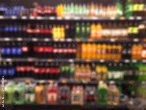 Blurred supermarket shelf filled with a vibrant array of colorful beverages, soda water, showcasing a rich selection of drinks in an abstract visual representation of consumer choices