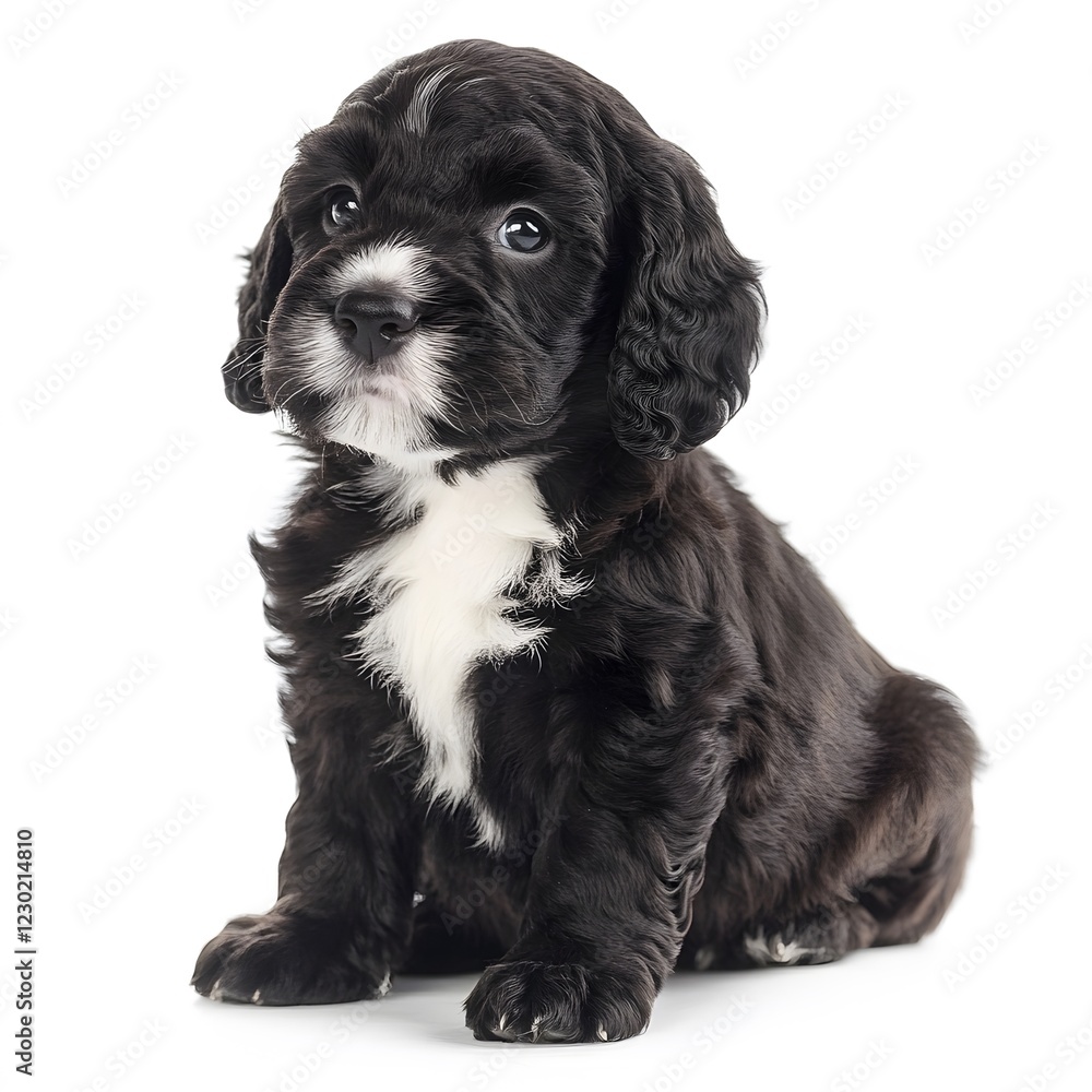 Black and white cockapoo puppy sitting on a white background isolated for portrait photography Black and white cockapoo puppy sitting on a white background isolated for portrait photography