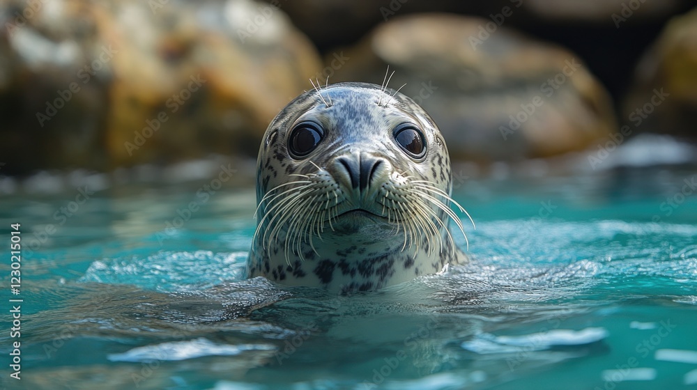 Fototapeta premium A captivating close-up of a seal's face emerging from the clear blue water with stones in the background