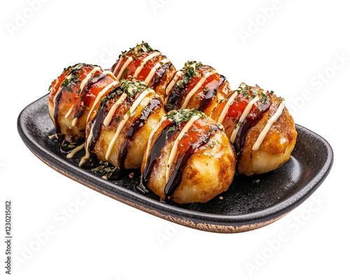 Delicious takoyaki balls drizzled with sauce and garnished, served on black plate. Perfect for street food lovers and Japanese cuisine enthusiasts
