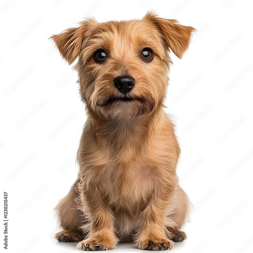 Norfolk terrier dog sitting on white surface isolated on white background Norfolk terrier dog sitting on white surface isolated on white background