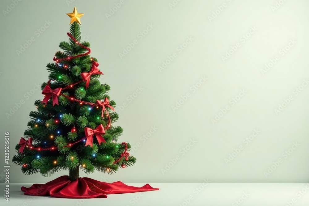Simple green Christmas tree with colorful ribbons and bows, garland, festive lights, light background Simple green Christmas tree with colorful ribbons and bows, garland, festive lights, light background