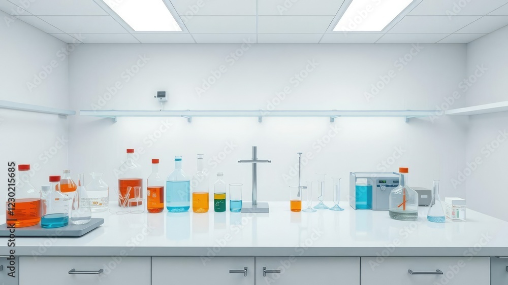 Laboratory bench with glassware and scientific equipment on a white background, microscope, modern laboratory decor Laboratory bench with glassware and scientific equipment on a white background, microscope, modern laboratory decor