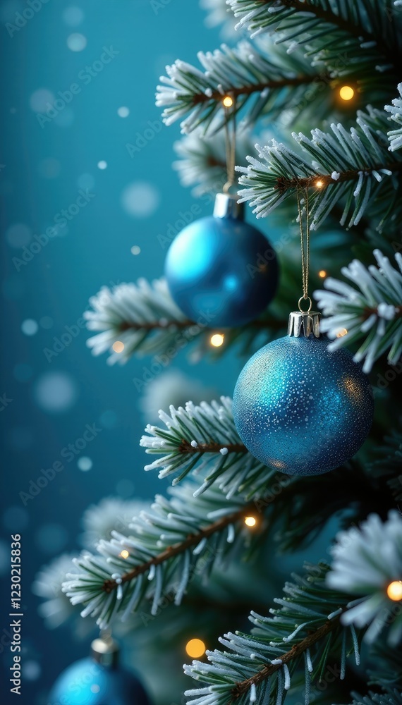 Sparkling blue baubles scatter on a frosted pine tree, snowflake decorations, evergreen branches, decoration Sparkling blue baubles scatter on a frosted pine tree, snowflake decorations, evergreen branches, decoration