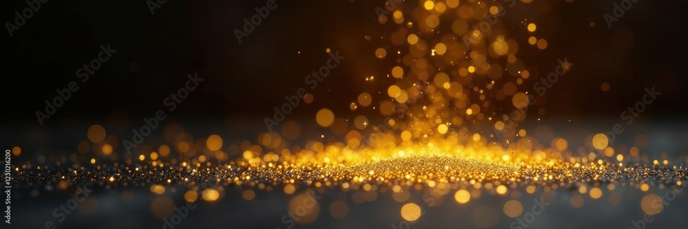 Sparkling gold dust falls gently on a darkened space, ambiance, opulence, shine Sparkling gold dust falls gently on a darkened space, ambiance, opulence, shine