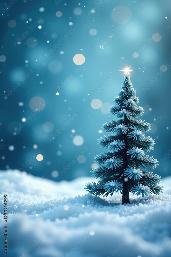 Snowflakes swirl around a small Christmas tree on a blue and white winter background, wintry, blues christmas Snowflakes swirl around a small Christmas tree on a blue and white winter background, wintry, blues christmas