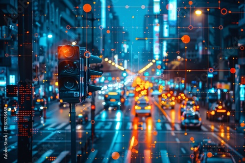 At dusk, a busy city intersection fills with headlights and brake lights. A traffic signal stands prominently, surrounded by digital overlays that enhance the urban landscape