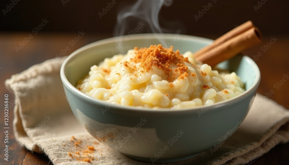 Steaming bowl of creamy rice pudding with cinnamon sticks, dessert, cinnamon Steaming bowl of creamy rice pudding with cinnamon sticks, dessert, cinnamon