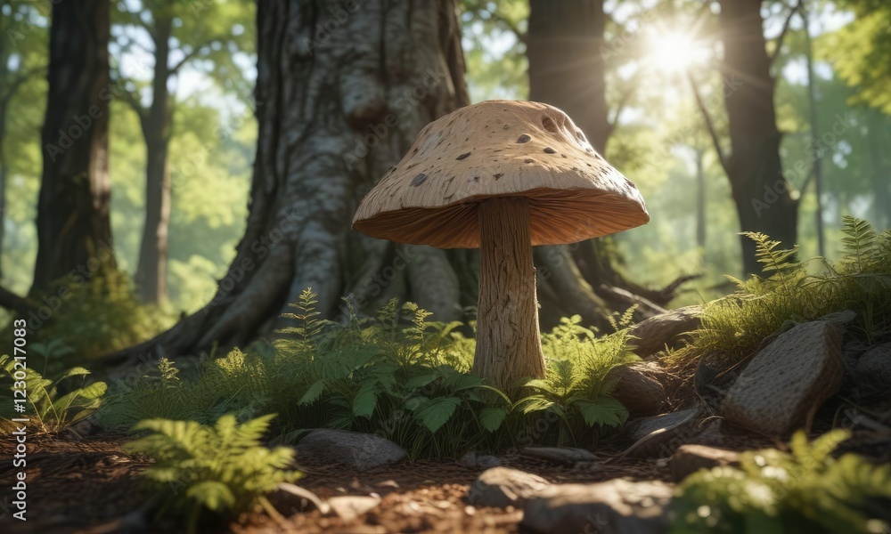 Fototapeta premium Liberty cap growing in the dappled light filtering through trees in a forest environment, detail, sunlight filtering through leaves, forest clearing