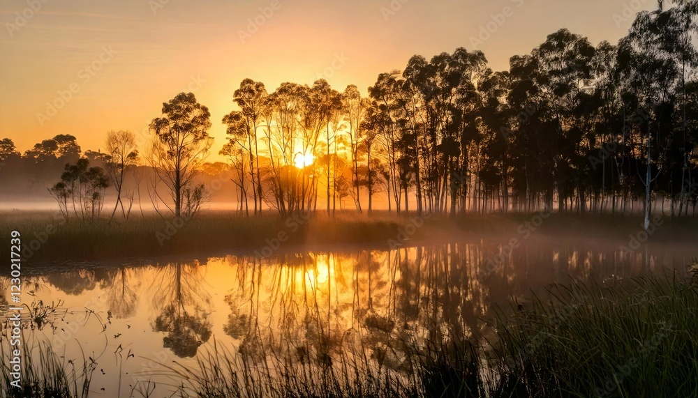 Obraz premium A serene landscape at dawn, featuring a misty wetland with still water reflecting the soft