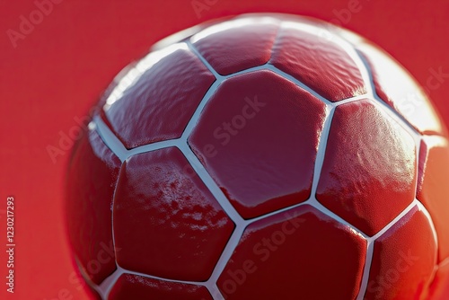 Render stadion 3D. Gambar close-up yang dipotong dari pemain sepak bola Afrika dalam warna merah, mewakili tim Spanyol, meluncurkan tendangan kuat. Konsep olahraga, turnamen, permainan, peristiwa.  photo