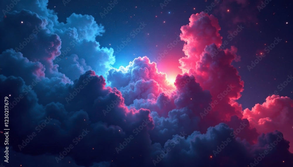 Fototapeta premium Vast space with blue and red glowing gas clouds, galaxies, starry night sky, galaxy explosion