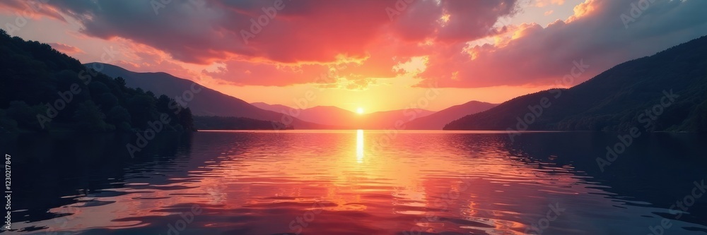 Sunset on the lake's surface brings peacefulness, , serene, lake Sunset on the lake's surface brings peacefulness, , serene, lake