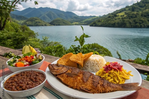 Honduran Fried Fish with Plantain Chips, Rice, Beans & Cheese by Lago de Yojoa photo