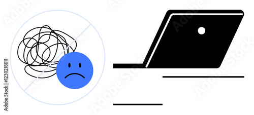 Sad face amidst chaos beside laptop and checkmark. Ideal for stress management, productivity improvement, effective communication, technology in workplace, problem-solving, work-life balance, mental