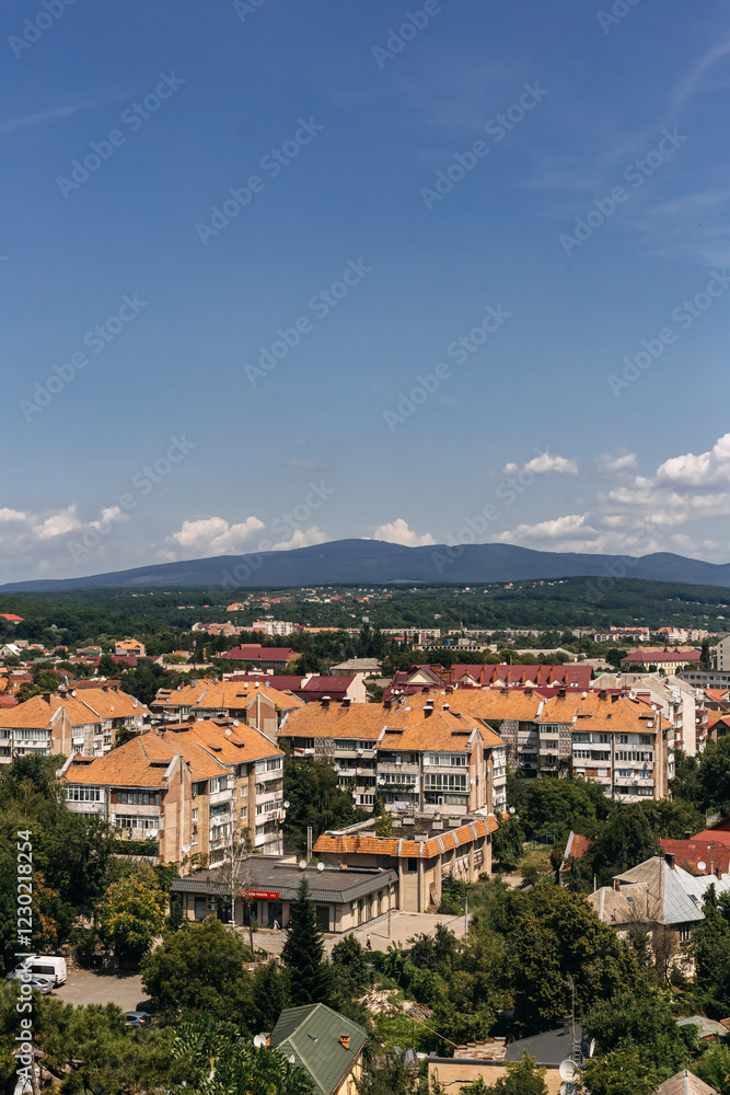 Obraz premium Uzhhorod cityscape with colorful buildings and lush greenery, under a blue sky with white clouds, showcasing the beauty of the carpathian mountains in the background on a sunny summer day