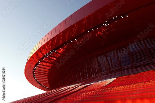 Render stadion 3D. Gambar close-up yang dipotong dari pemain sepak bola Afrika dalam warna merah, mewakili tim Spanyol, meluncurkan tendangan kuat. Konsep olahraga, turnamen, permainan, peristiwa.  photo