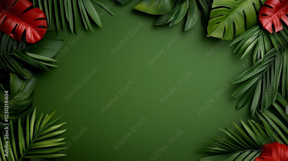 Tropical Leaf Frame: Lush green tropical leaves and vibrant red accents create a vibrant frame against a deep green backdrop, perfect for adding a touch of exotic beauty to your designs. Tropical Leaf Frame: Lush green tropical leaves and vibrant red accents create a vibrant frame against a deep green backdrop, perfect for adding a touch of exotic beauty to your designs.