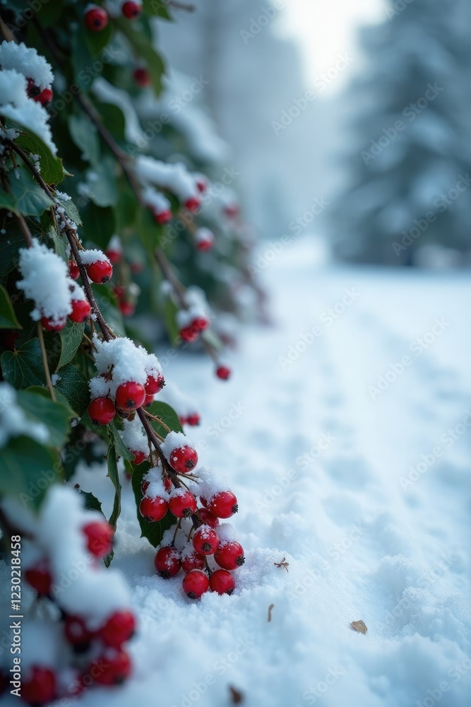 A carpet of snow-covered holly berries on the ground, snowfall, cold climate
