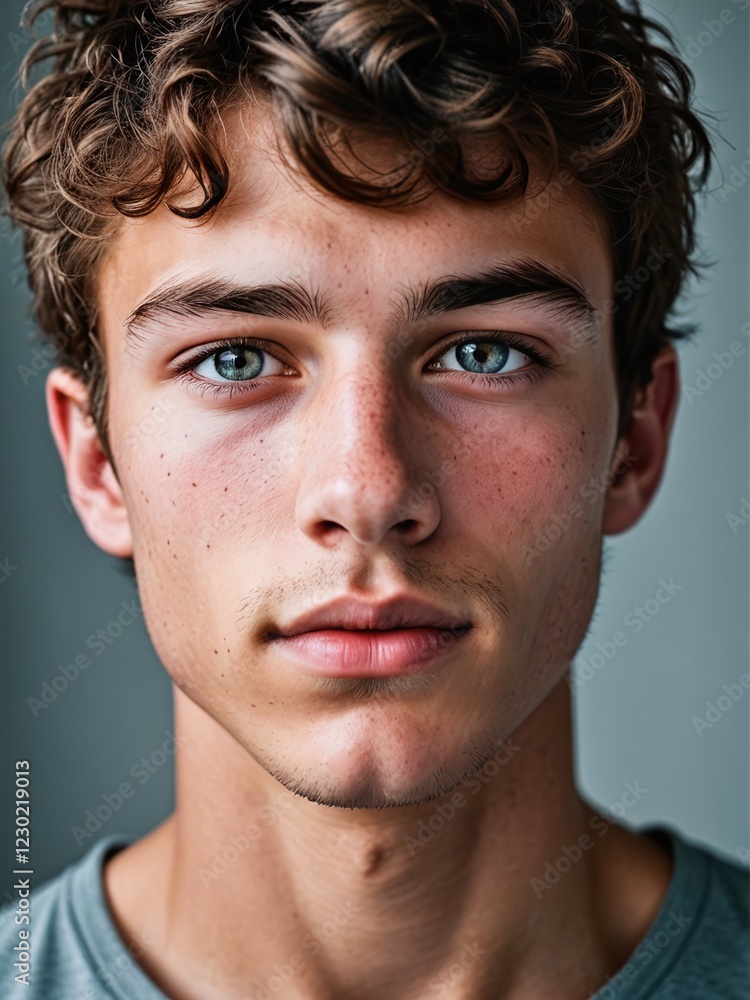 Obraz premium A close-up portrait of a young man with curly hair and blue eyes and looking directly at the viewer
