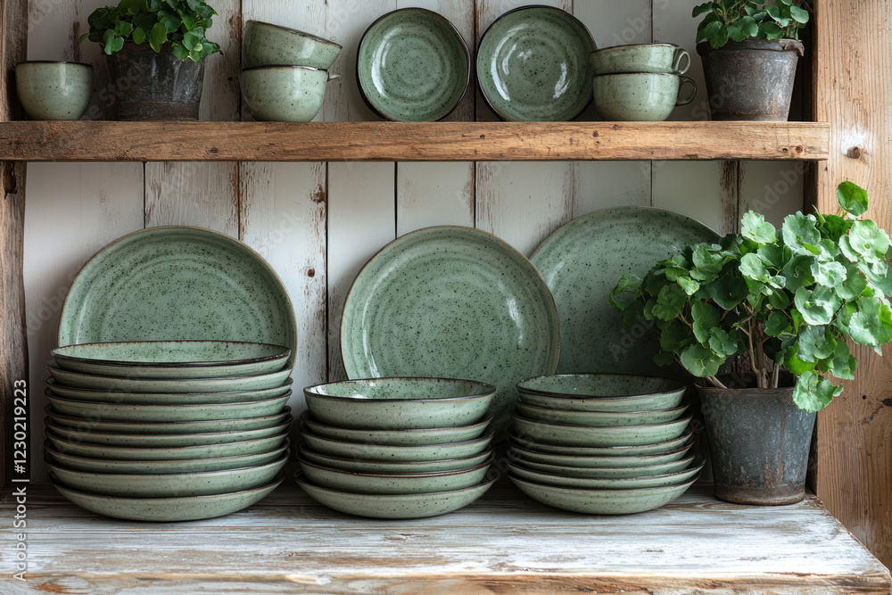 Fototapeta premium a beautiful rustic shelf made of natural wood, on which ceramic dishes are neatly arranged. 