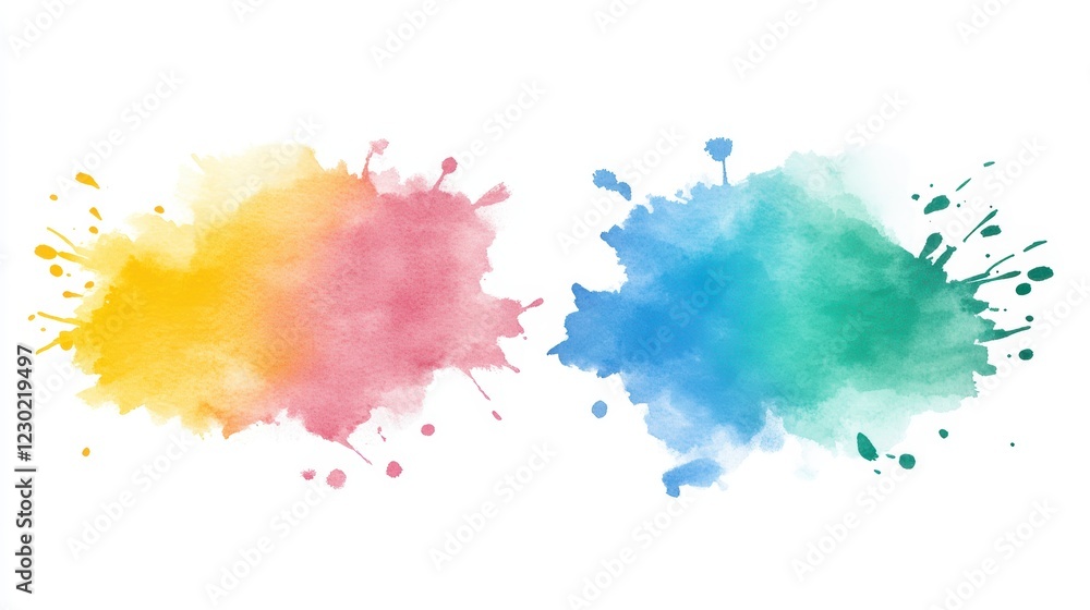 Fototapeta premium Vibrant watercolor splashes on white background, abstract art with dynamic hues
