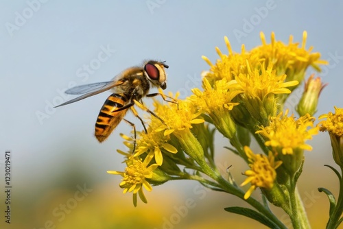 Marmalade hover fly Episyrphus balteatus perched on a bright yellow flower, flowers, marmalade hoverfly photo