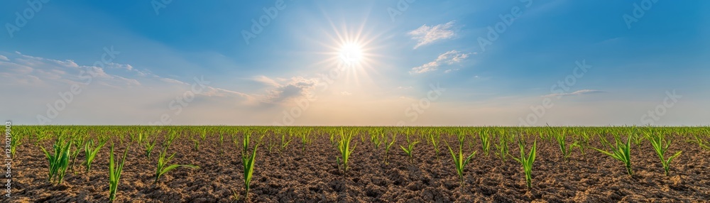 Radiant sun illuminates golden field, a captivating landscape of nature's beauty Radiant sun illuminates golden field, a captivating landscape of nature's beauty