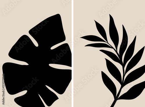 Botanical leaf wall art vector set. Foliage line art drawing with abstract shape. Abstract Leaf Plant design for print, cover, wallpaper, minimalist wall art. Vector illustration.