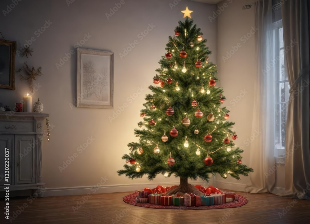 Spruce Christmas tree decorated with ornaments and lights, holiday, sparkle, festive Spruce Christmas tree decorated with ornaments and lights, holiday, sparkle, festive