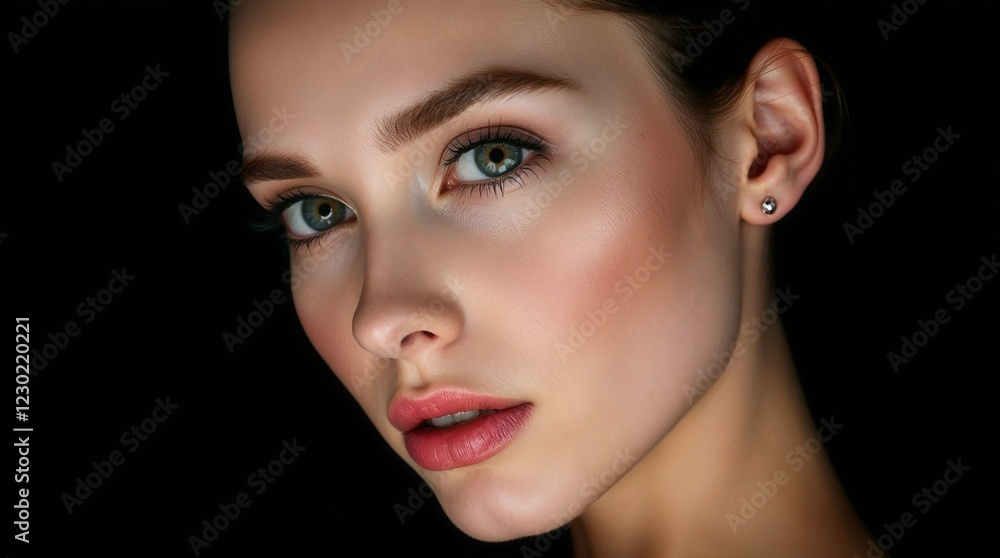 Photorealistic fashion close-up portrait of a young woman with long light brown hair and striking blue eyes against a black background Photorealistic fashion close-up portrait of a young woman with long light brown hair and striking blue eyes against a black background