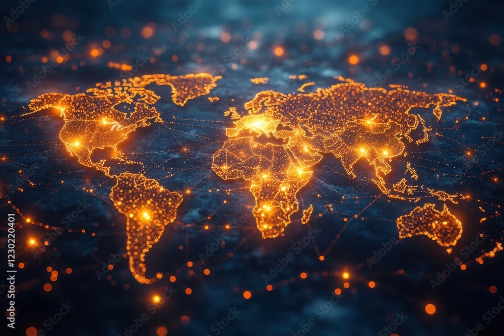 Global network map illuminated with glowing connections showcasing geographical regions and cities at night Global network map illuminated with glowing connections showcasing geographical regions and cities at night