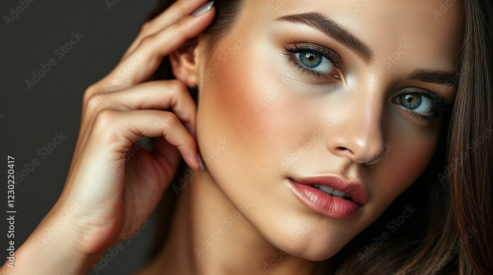 Photorealistic fashion close-up portrait of a young woman with long dark hair and blue eyes against a neutral gray background Photorealistic fashion close-up portrait of a young woman with long dark hair and blue eyes against a neutral gray background