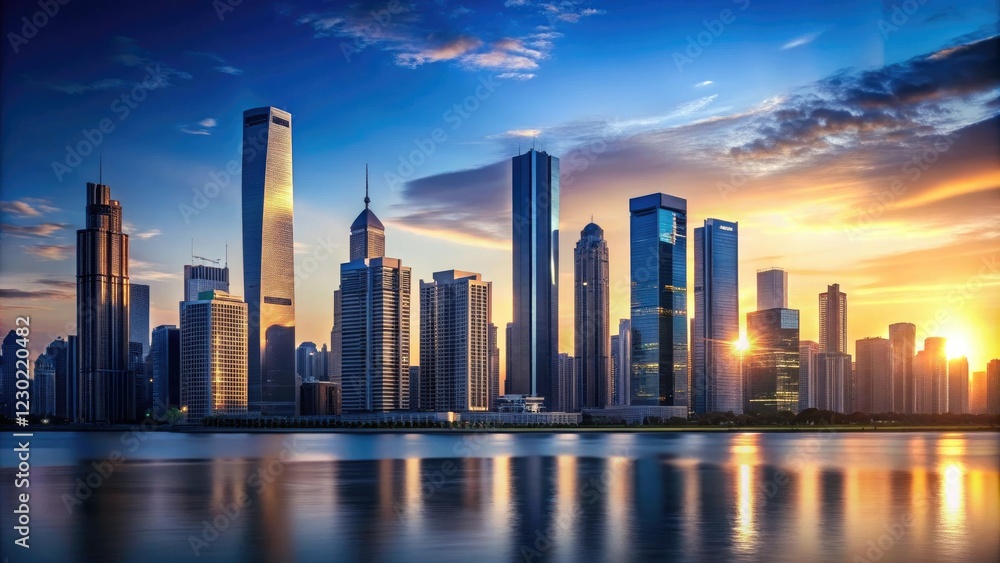 Fototapeta premium Minimalist cityscape at sunset with sleek skyscrapers and a dark blue sky, sunset, evening sky, pink shades, cityscape, city life