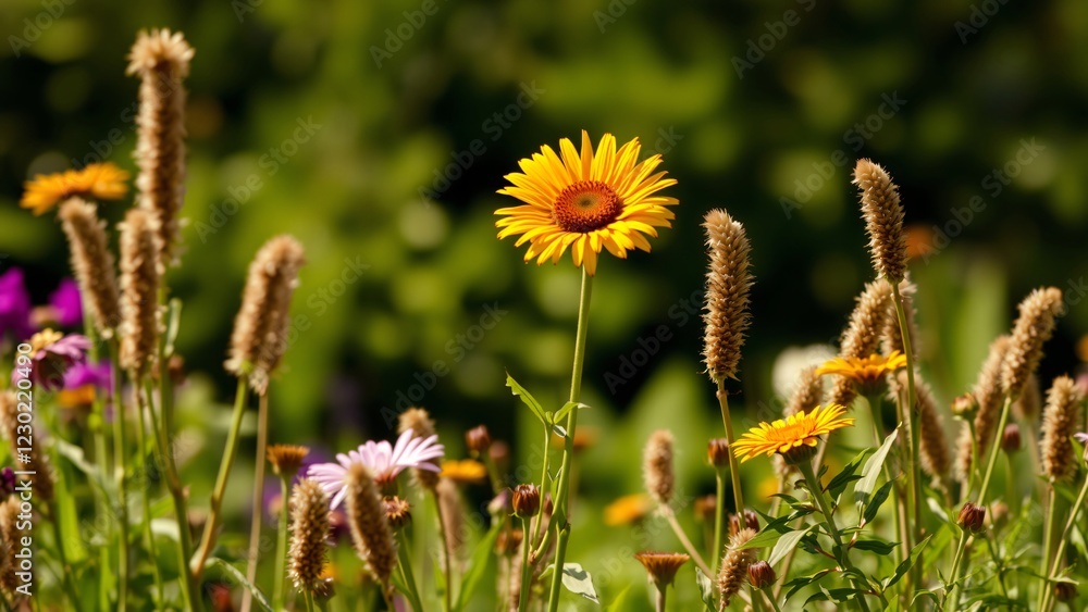 Vibrant Yellow Wildflower in a Meadow of Blossoms Vibrant Yellow Wildflower in a Meadow of Blossoms
