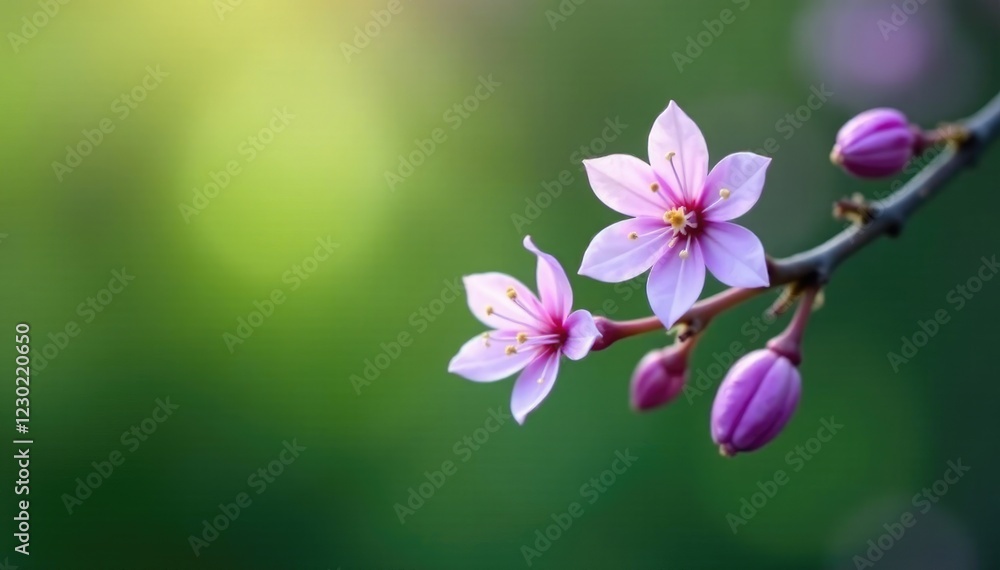 A single branch with a few delicate, purple flowers, green, delicate flowers, spring A single branch with a few delicate, purple flowers, green, delicate flowers, spring