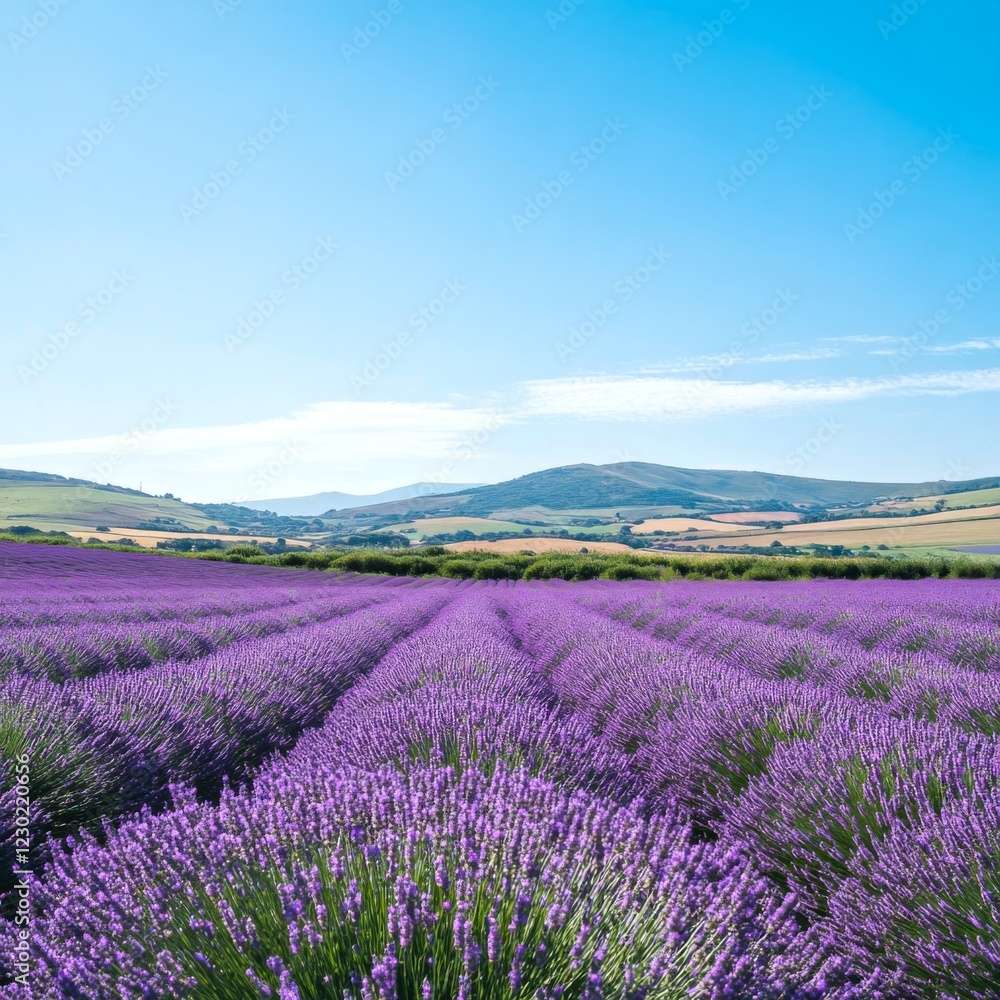 A scenic view of vibrant lavender fields under a clear blue sky. The landscape offers a tranquil atmosphere filled with rich purple hues. Perfect for nature lovers or relaxation. AI A scenic view of vibrant lavender fields under a clear blue sky. The landscape offers a tranquil atmosphere filled with rich purple hues. Perfect for nature lovers or relaxation. AI