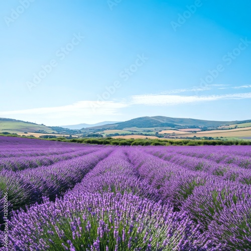 A scenic view of vibrant lavender fields under a clear blue sky. The landscape offers a tranquil atmosphere filled with rich purple hues. Perfect for nature lovers or relaxation. AI