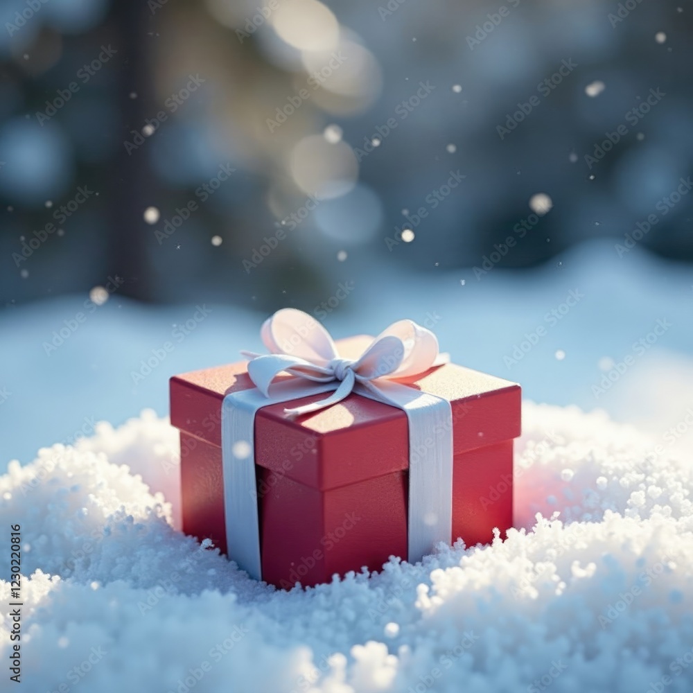 A single gift box with a white ribbon tied on top of a snowy surface, winter, A single gift box with a white ribbon tied on top of a snowy surface, winter,