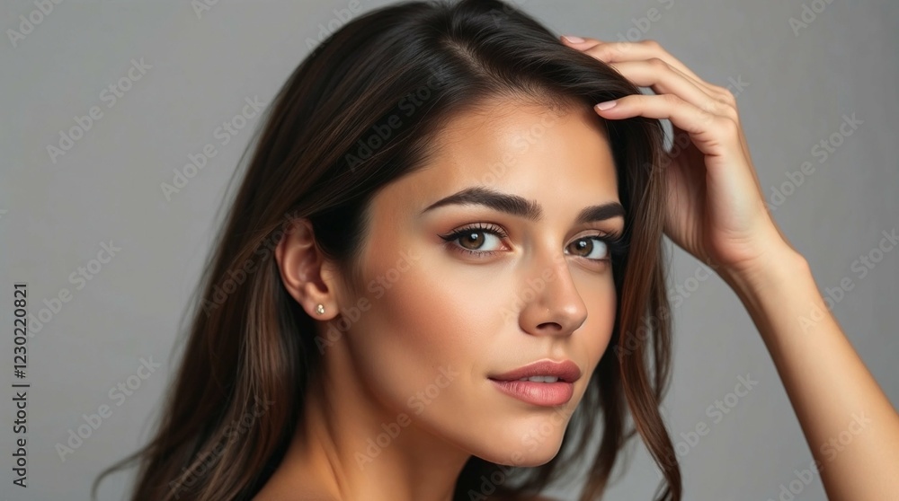 Photorealistic fashion close-up portrait of a young woman with long dark hair and brown eyes against a light gray background Photorealistic fashion close-up portrait of a young woman with long dark hair and brown eyes against a light gray background