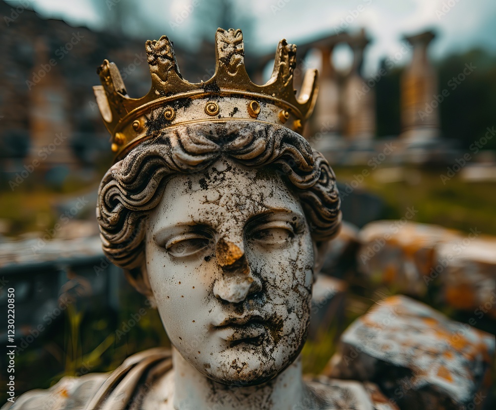 Fototapeta premium A weathered statue of a crowned figure, displaying intricate features, rests among ancient ruins overgrown with nature.